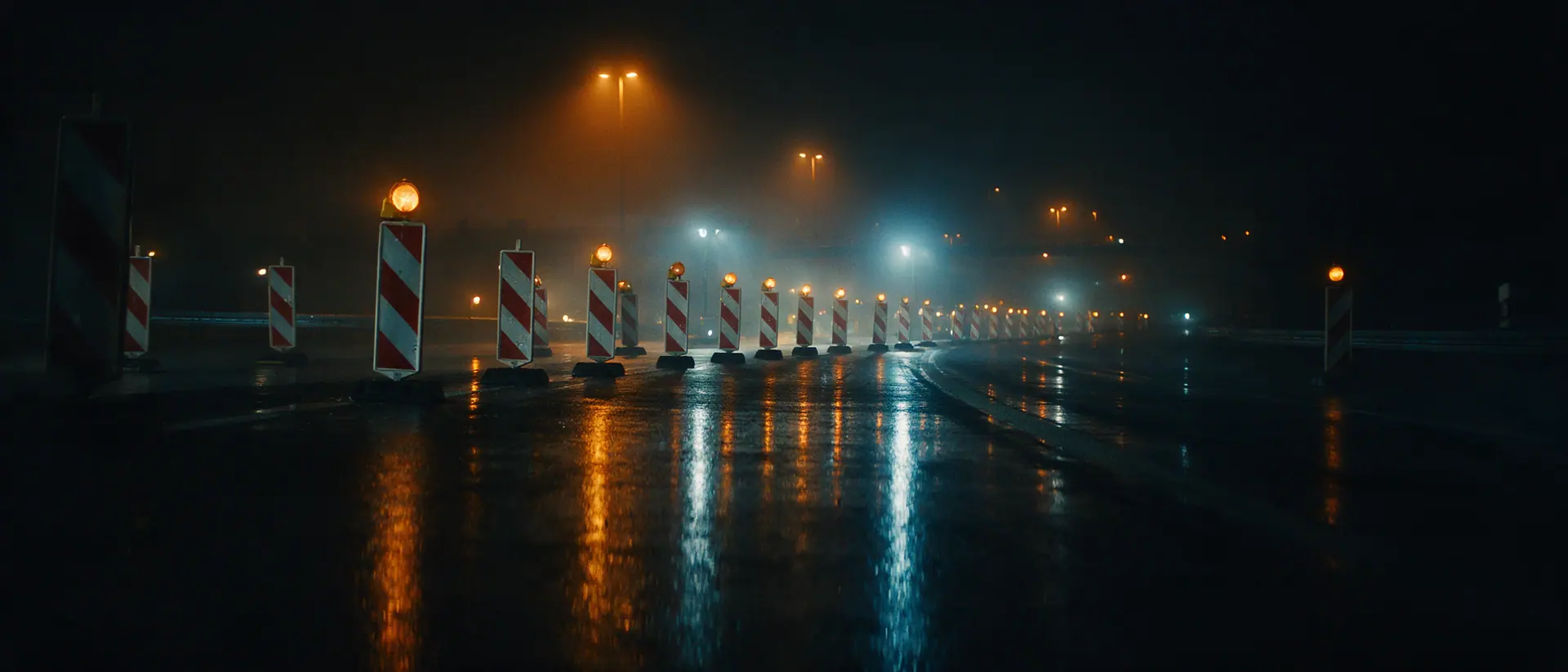 Nächtliche Autobahn-Arbeitsstelle: eine Reihe rot-weißer Leitbaken mit gelben Warnleuchten verzieht sich in die Dunkelheit, der nasse Asphalt spiegelt die Lichter. Bildmotiv KI-generiert.