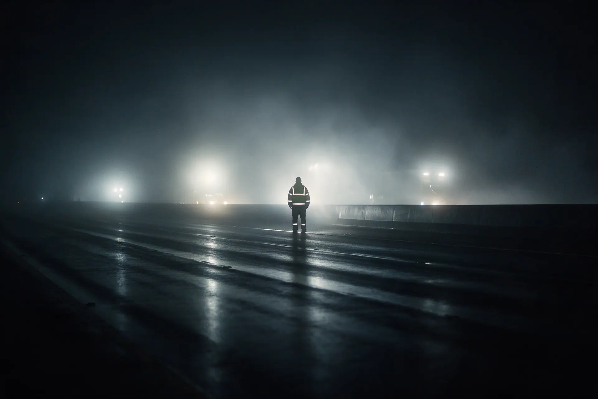 Eine einzelne Person in Warnschutzkleidung steht klein und von hinten im Gegenlicht auf einer nächtlichen Fahrbahn, Gesicht nicht erkennbar. Bildmotiv KI-generiert.