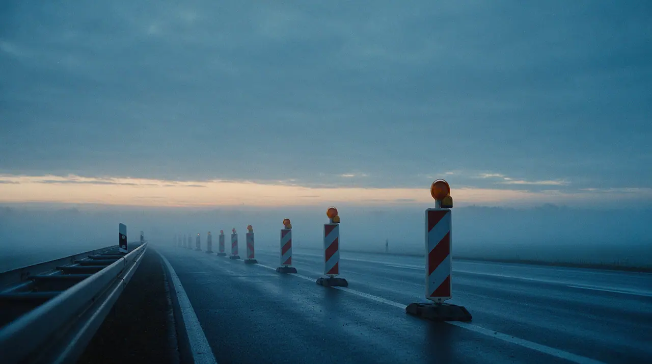 Autobahn bei Tagesanbruch: eine Reihe rot-weißer Leitbaken mit brennenden Warnleuchten verzieht sich in kalten Morgennebel, links eine Schutzplanke, am Horizont ein schmales oranges Band. Bildmotiv KI-generiert.