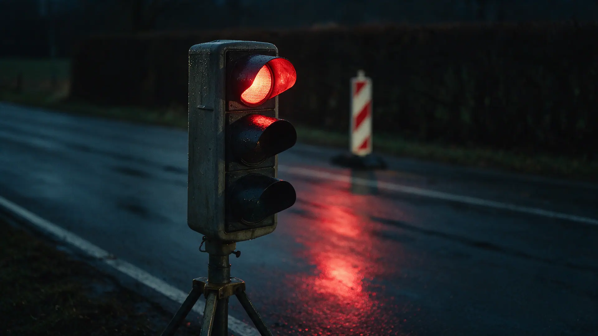 Transportable Lichtsignalanlage an einer nassen Landstraße bei Nacht, das rote Signal brennt und spiegelt sich lang auf dem Asphalt, dahinter unscharf eine rot-weiße Leitbake. Bildmotiv KI-generiert.
