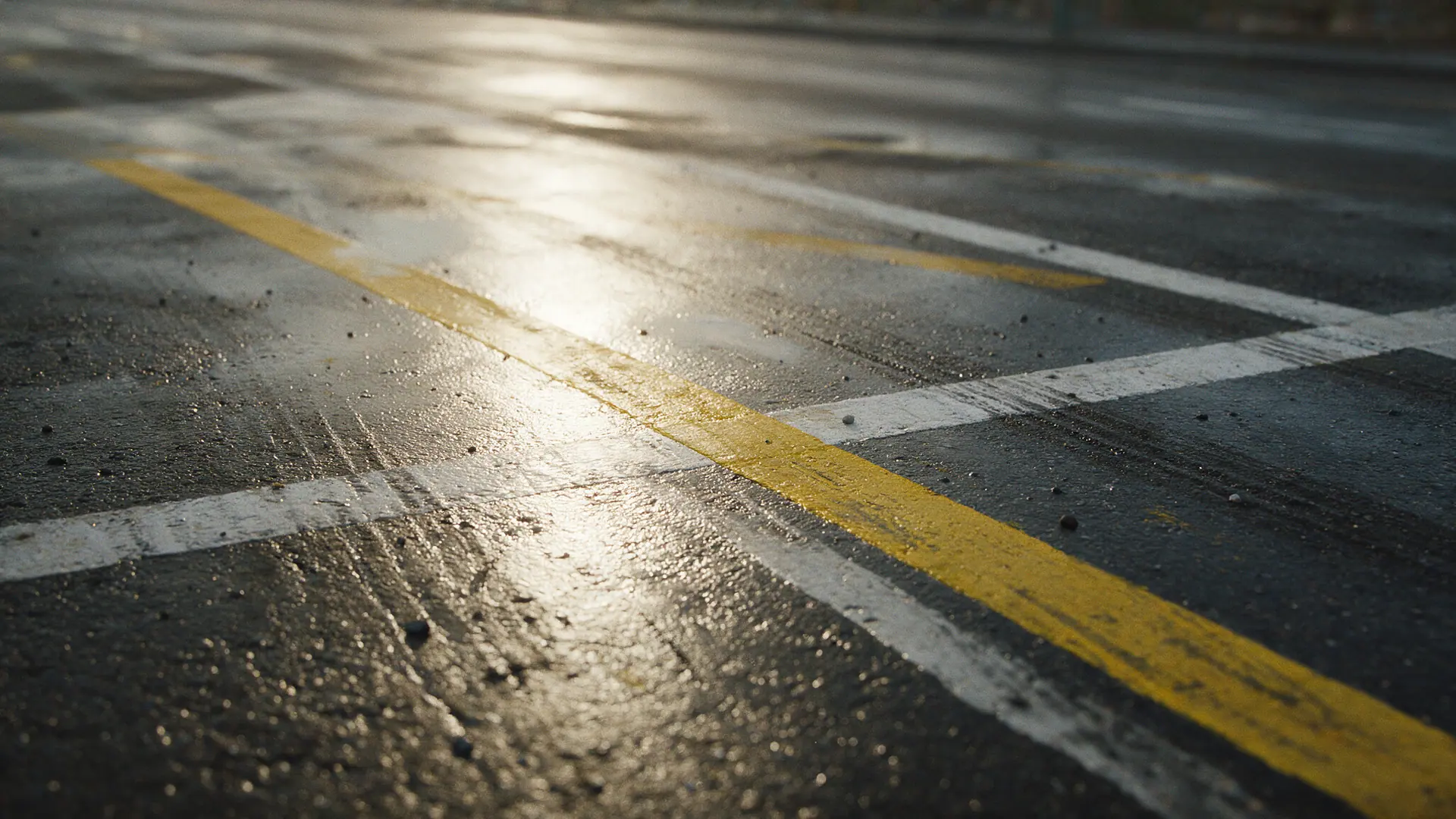 Flacher Blick über nassen Asphalt im Morgenlicht: eine gelbe Baustellenmarkierung kreuzt die weiße Bestandsmarkierung, beide werfen dieselbe Spiegelung. Bildmotiv KI-generiert.
