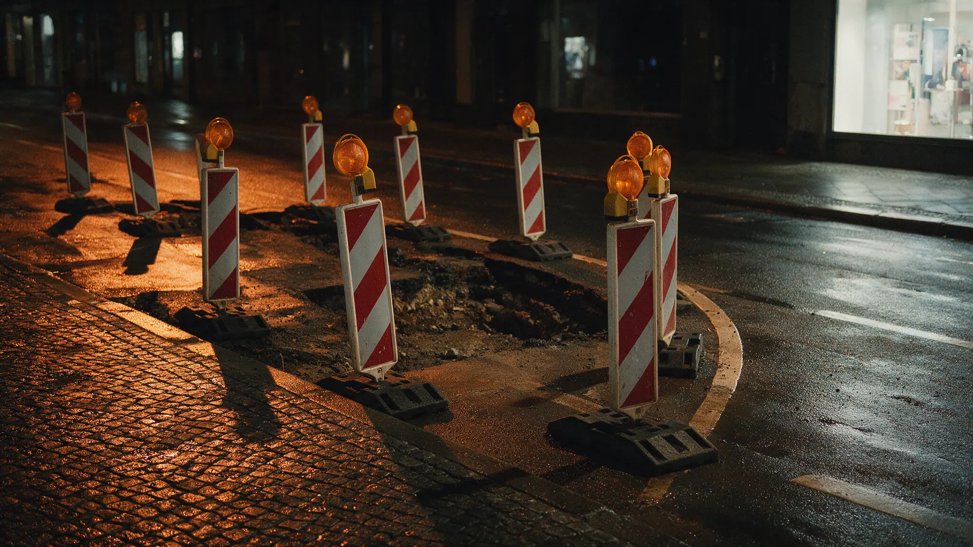 Innerörtliche Arbeitsstelle bei Nacht: rot-weiße Leitbaken mit Warnleuchten führen um eine aufgebrochene Fahrbahn, nasses Pflaster spiegelt die Straßenbeleuchtung. Bildmotiv KI-generiert.