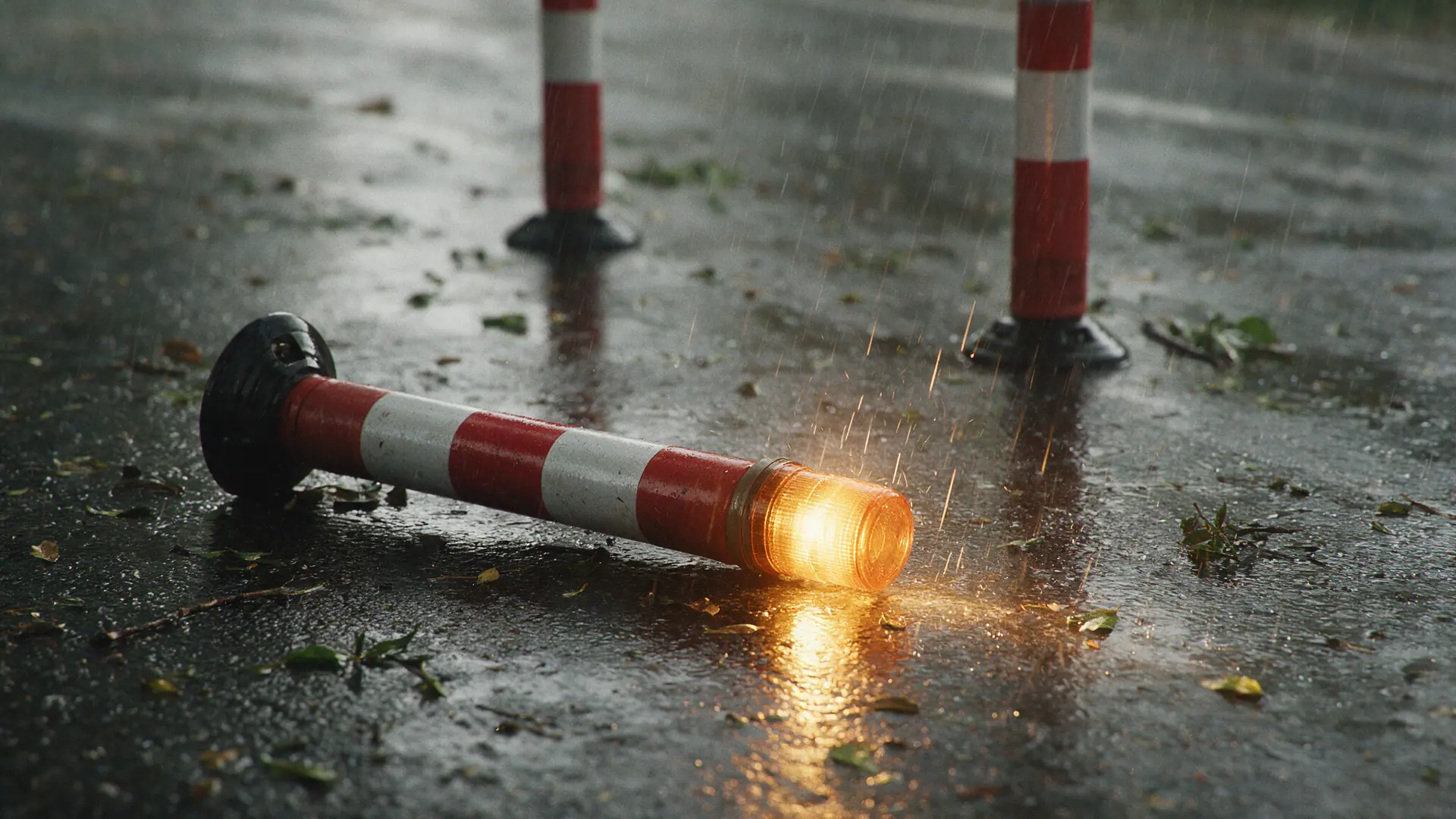 Umgestürzte rot-weiße Leitbake auf nasser Fahrbahn nach einem Sturm, die Warnleuchte brennt noch und leuchtet seitlich über den Asphalt, Laub und Äste liegen auf der Straße. Bildmotiv KI-generiert.