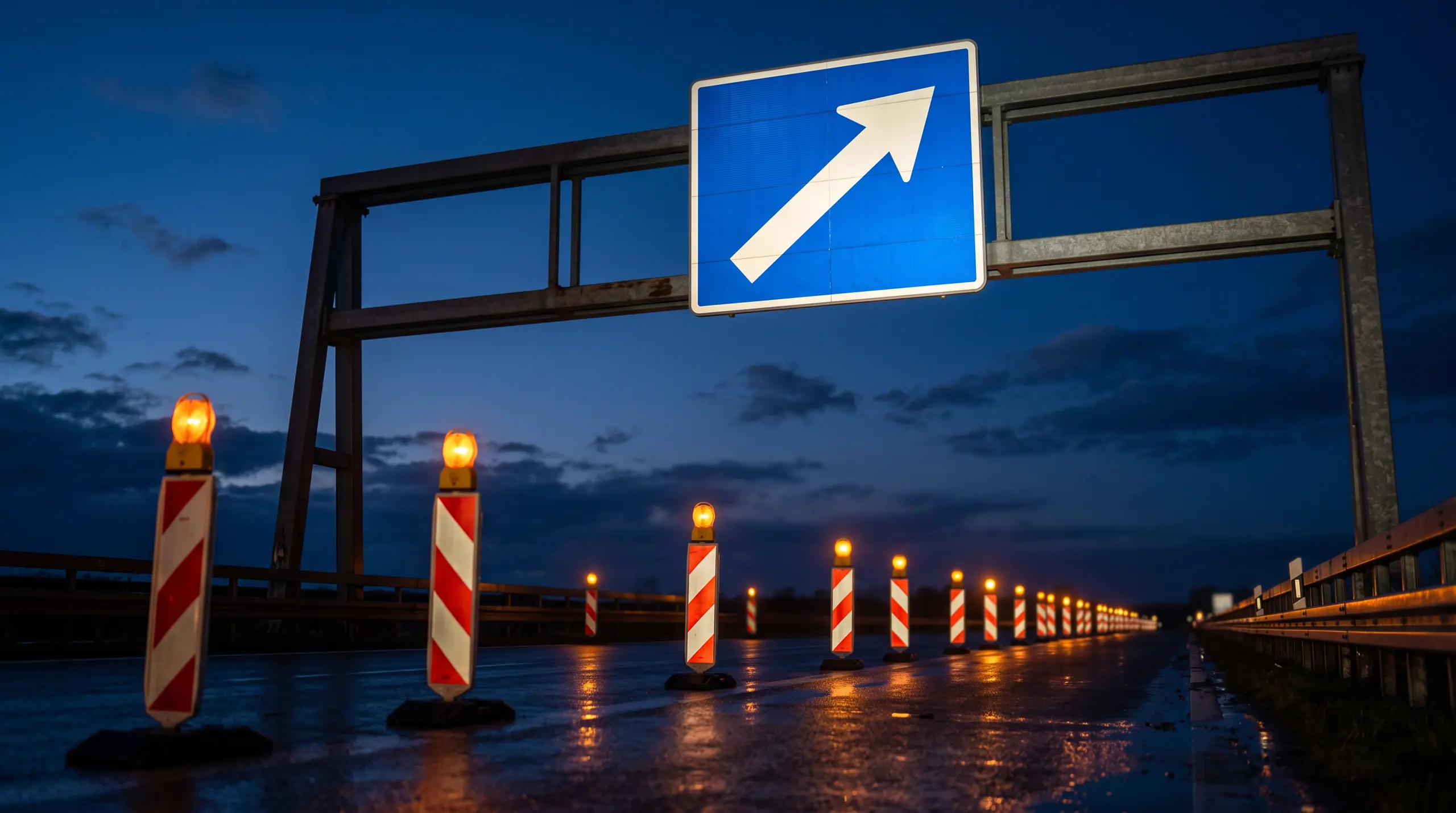 Blaue Überleitungstafel mit weißem Pfeil an einem Stahlportal über der Fahrbahn, von unten gegen den blauen Abendhimmel gesehen; darunter führt eine Reihe rot-weißer Leitbaken mit brennenden gelben Warnleuchten über nassen Asphalt in die Ferne. Bildmotiv KI-generiert.