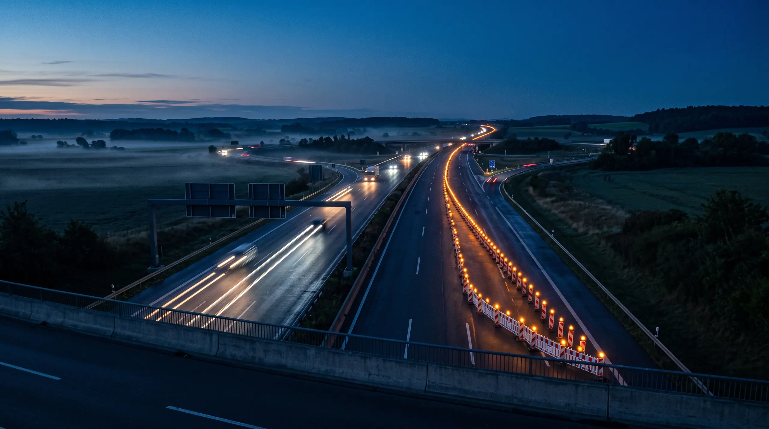Blick von einer Brücke über eine nächtliche Autobahn: zwei Richtungsfahrbahnen laufen in die Ferne und trennen sich an einem Kreuz, entlang der rechten Fahrbahn zieht sich eine lange Kette gelber Warnleuchten auf rot-weißen Leitbaken bis zum Horizont, Nebel über den Feldern, letzte Helligkeit am Himmel. Bildmotiv KI-generiert.